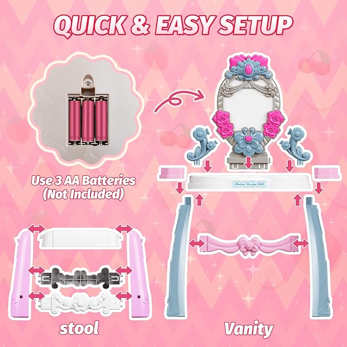 VViN Kids Vanity Set for Girls with Light & Music, Princess Vanity Table with Stool, Pretend Makeup Dresser with Crown, Scepter, Gloves & Jewelry Accessories, Toys for 3 4 5 Year Old