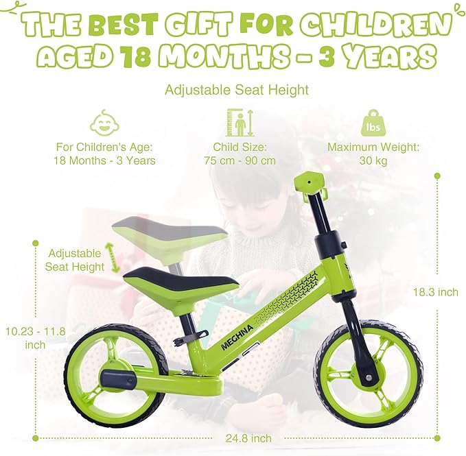 WEEROCK Toddler Balance Bike, No Pedal Balance Bike for 18M - 3 Years Babies, Steel Frame, EVA Tires for Indoor and Outdoor Use, Seat Height Adjustable, Kid Baby Great Gift, Green