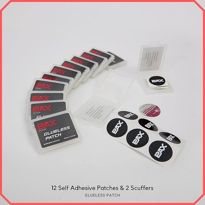 PAX 14 Pcs Lightweight Glueless Bike Tire Puncture Repair Patch Kit, 12 Self Adhesive Pre Glued Tube Patches & 2 Metal Buffer/Scuffers in Total, Quick & Easy Repair for Mountain Road Bicycle
