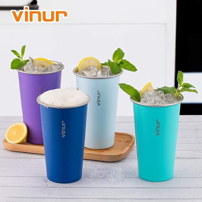 VINUR 4 Pack Stainless Steel Cups 20 oz Pint Tumbler Stackable Metal Drinking Glasses for Travel, Camping, Outdoors (Baby Blue-Navy-Teal-Purple)