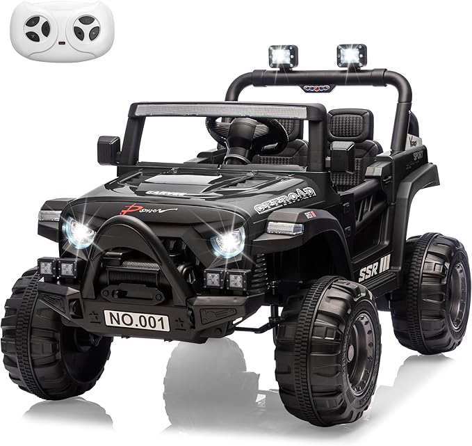Kids Ride On Truck Car, 12V Ride On Toy Battery Powered Vehicles w/Parent Remote, Spring Suspension, Electric Car for Kids with Bluetooth Music, LED Light, Ideal Car Gift for Boys Girls, Black