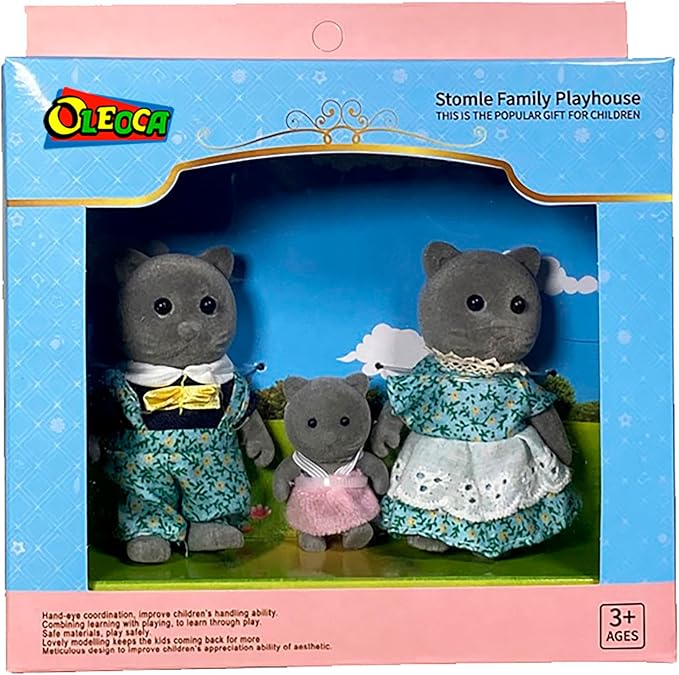 Family Gray Cat Figures — Set of 3 Collectible Flocked Mini Dolls with Removable Clothes, Miniature Dollhouse Pretend Play Figures for Kids Ages 3+