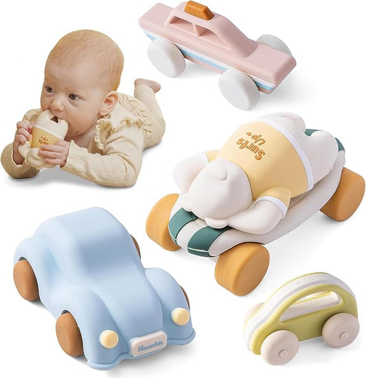 Moonkie Food Grade Silicone Toy Cars for Toddlers 1-3, Push and Go Baby Car Toys 6-12 Months+, One-Piece Design Infant Toys, Birthday Gifts for 1 Year Old Boy Girl, Easy to Clean & Grasp, 5 Pack