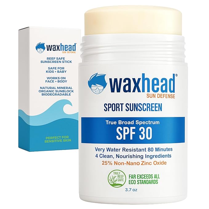 Waxhead Zinc Oxide Sunscreen Stick SPF 30 – Mineral Sunblock for Face & Body, Sport & Surf Reef Safe, Waterproof, Baby & Kids Safe for Sensitive Skin, Non-Nano Organic Tattoo Protection (White, 3.7oz)