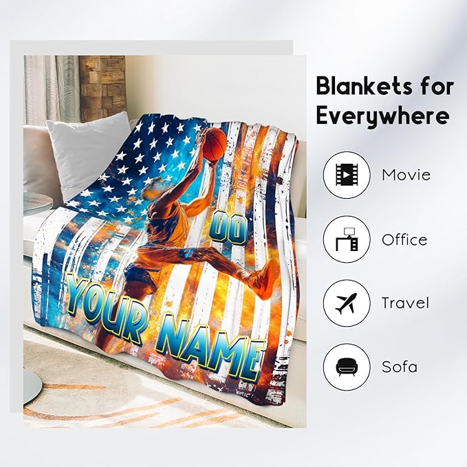 Basketball Blanket for Boys, Custom Kids Blankets, Personalized Gifts with Name, Sports Theme Throw, Soft Fleece Throw for Couch & Bed, 60"x80"