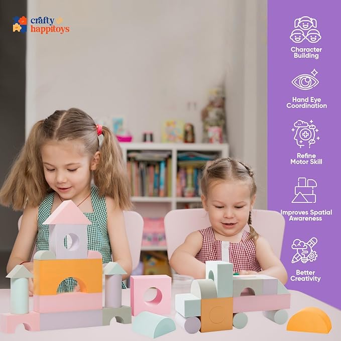 Set of 34 Jumbo Large Foam Blocks for Toddlers - Stacking Soft Blocks for Kids with Shapes & Colors Learning - Construction Building Preschool Toys - Giant Foam Bath Blocks for Toddlers 3-5 & above