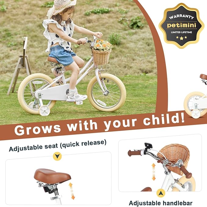 Petimini Girls Bike with Basket for 2-12 Years Old Kids, 12 14 16 18 20 Inch Bicycle with Bell Training Wheels Basket, Multiple Colors