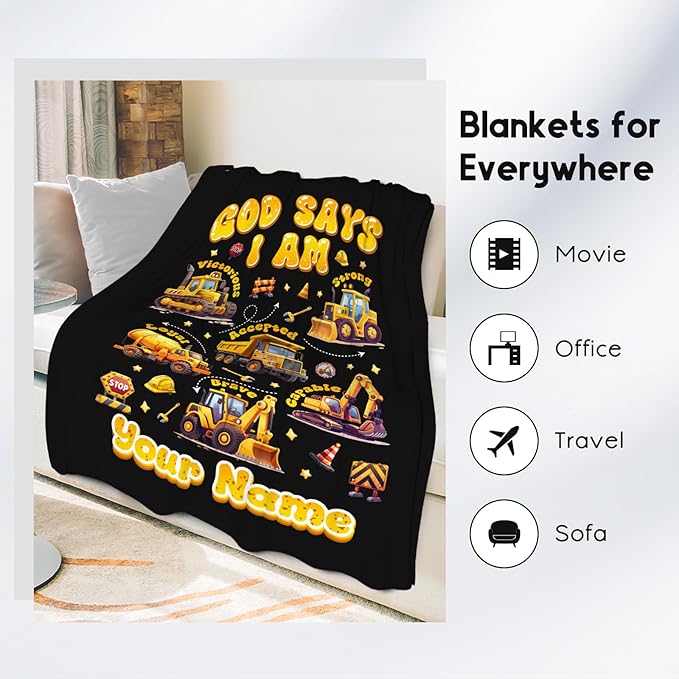 Personalized Boys Truck Blanket, Gifts for Toddler Sons, Fleece Cozy Throw for Sofa, Excavator Kids Inspirational Gifts, 30"x40"