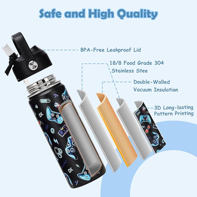 18oz Kids Insulated Water Bottle with Straw Lid - 18/8 Stainless Steel Kid Cup Travel Tumbler Double Wall Vacuum Leak Proof Portable Toddler Water Bottle (Game + Dinosaur)