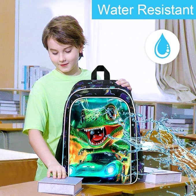 16" Dinosaur Backpack for Boy, 3Pcs Cars Bookbag with Lunch Box, Kids School Backpacks for Elementary Preschool Kindergarten (Black)