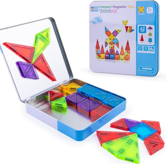 Stocking Stuffer Kid Magnetic Tiles Travel Toys for Toddler, Magnetictile Block Airplane Car Road Trip Travel Activities Essential, Preschool Educational STEM Learning Sensory Toy, Gift for 3-4-5-7-8