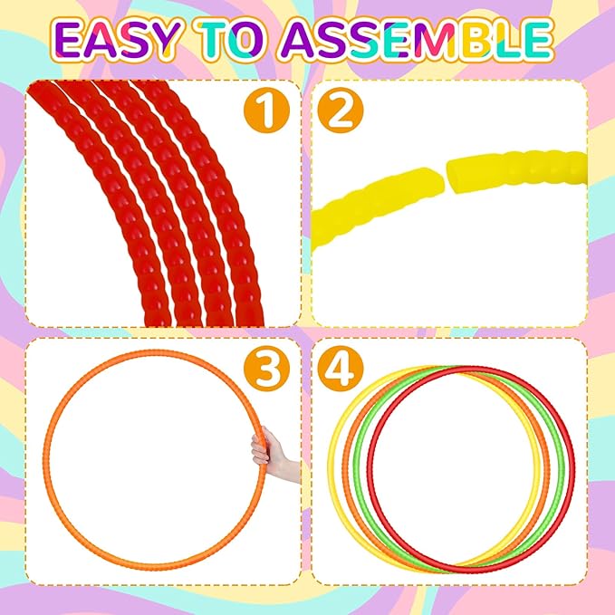 Syhood 12 Pcs Toy Color Hoop Plastic Detachable Adjustable Hoop Light Weight Exercise Fitness Equipment Toy Waist Ring for Adult Party, 3 Sizes(Green, Pink, Yellow, Orange)