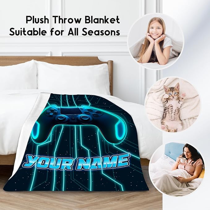 Custom Blankets for Boys - Cool Gamer Blanket Gifts - 4 Sizes Cozy Soft Flannel Gaming Throw for Couch, Office