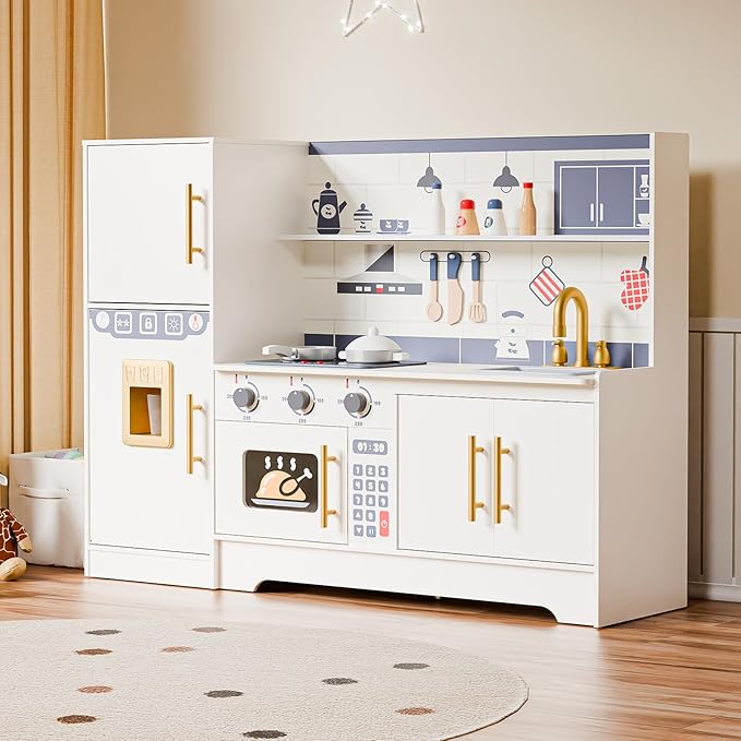 JOYMOR Kids Wooden Play Kitchen Sets, New Modern Children's Wooden Toy Kitchen w/Refrigerators & Ample Play Kitchen Accessories, Ideal Pretend Playset Gift for Toddlers