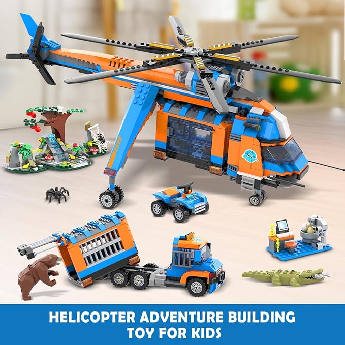 City Jungle Adventurer Helicopter Building Toys - 1356PCS Forest Truck Adventure Building Set with Car Crocodile Brown Bear Wildlife Rescue Blocks Playset Gift for Adults Kids Boys 6+ Years