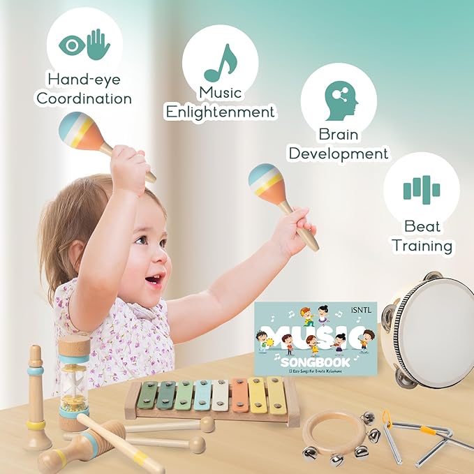 Baby Musical Instruments - Wooden Montessori Toys for Toddlers,Modern Boho Xylophone Includes Songbook with 13 Kids' Songs,Neutral Colors Wooden Percussion Instruments Set