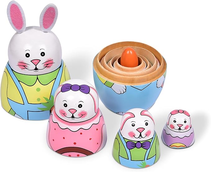 Nesting Dolls, Nesting Easter Eggs Toys, Wooden Handmade Matryoshka Dolls for Kids Birthday or Home Decoration (Small Rabbits)