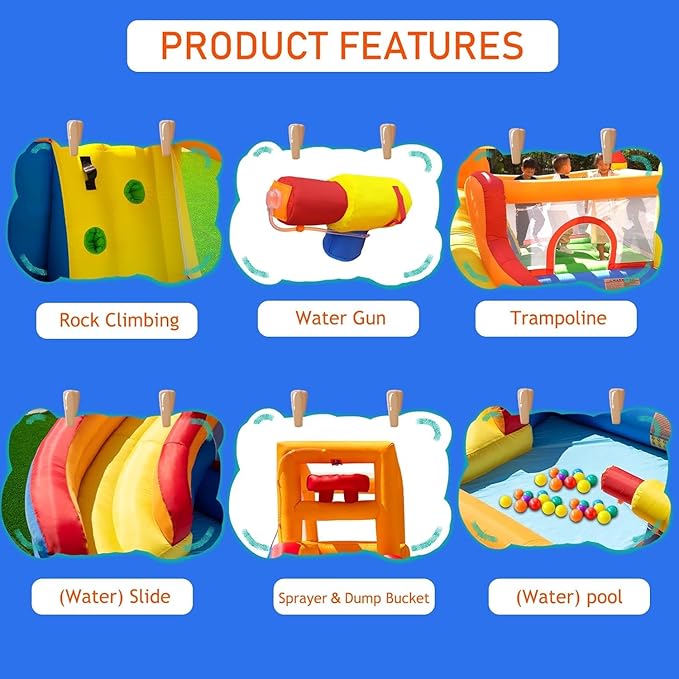 HuaKastro Inflatable Bounce House Water Slide – Backyard Water Park for Kids with Slide, Pool (Ball Pit), and Bucket Dump for Outdoor/Indoor Play, Perfect for Summer Fun (Blower Included)