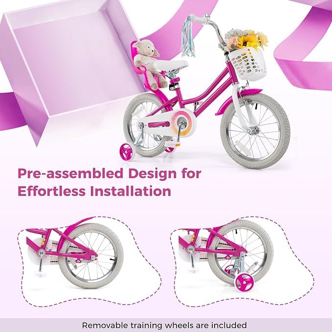 BABY JOY Kids Bike, 12 14 16 18 Inch Children Bicycle w/Detachable Training Wheels, Storage Basket, Adjustable Seat & Handlebar, Bow or Streamer, Girls Bike for 3-8 Years Old