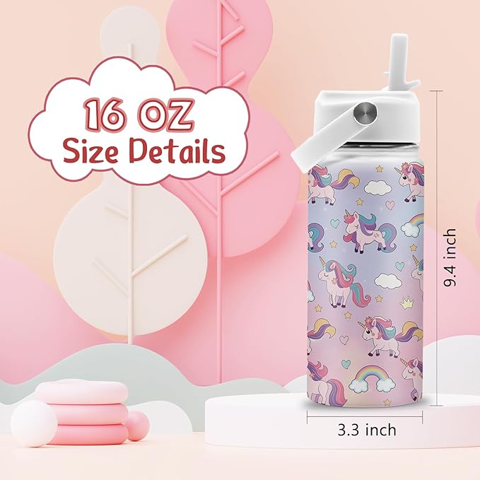 Unicorn Gifts for Girls, 16 oz Water Bottles with Straw Lid, Stainless Steel Insulated Tumbler, Cute Unicorn Cup Gifts for Birthday Christmas