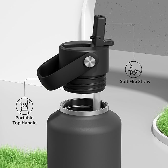 POWCAN 24 oz Slim Insulated Water Bottle: Leakproof, Lightweight, Top Handle, Stainless Steel Water Bottle with Straw for Sport, Gym, Fitness, Office, Home, Commute, Workouts, Boy, Men (Stone Gray)