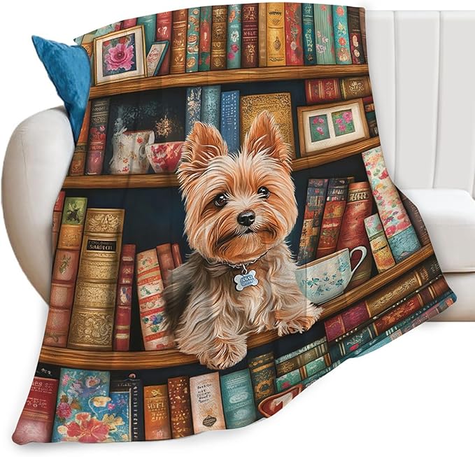 Yorkie Blanket for Boys Girls, Book Lover Flannel Throw Blanket, Fleece Soft Cozy Yorkshire Dog Blankets Gift for Women Men Couch Sofa Bed 60" x 50"