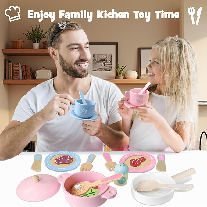 Wooden Toy Plates and Dishes for Kitchen Set, 30PCS Montessori Play Kitchen Accessories for Toddlers with Toy Pots and Pans, Wooden Play Cooking Set for 3-8 Years Girls & Boys