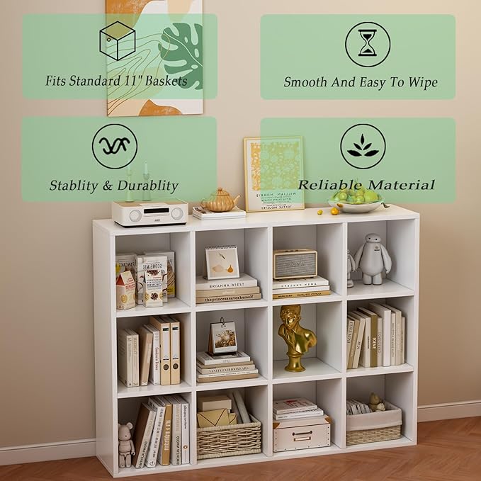 12-Cube Storage Shelf Bookcase - Wooden 3-Tier Floor Standing Open Bookshelf for Home and Office, Display Cabinet, Warm White