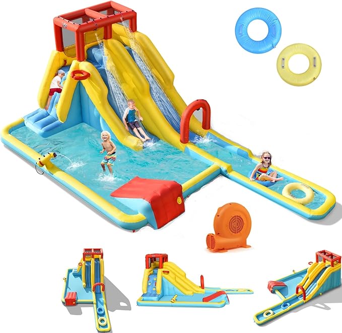 BOUNTECH Inflatable Water Slide, Dual Surfing Slides Kids Water Park Jump Bouncy Castle w/Swimming Rings, GFCI Blower, Large Splash Pool, Backyard Outdoor Blow up Water Slides Inflatables for Big Kids