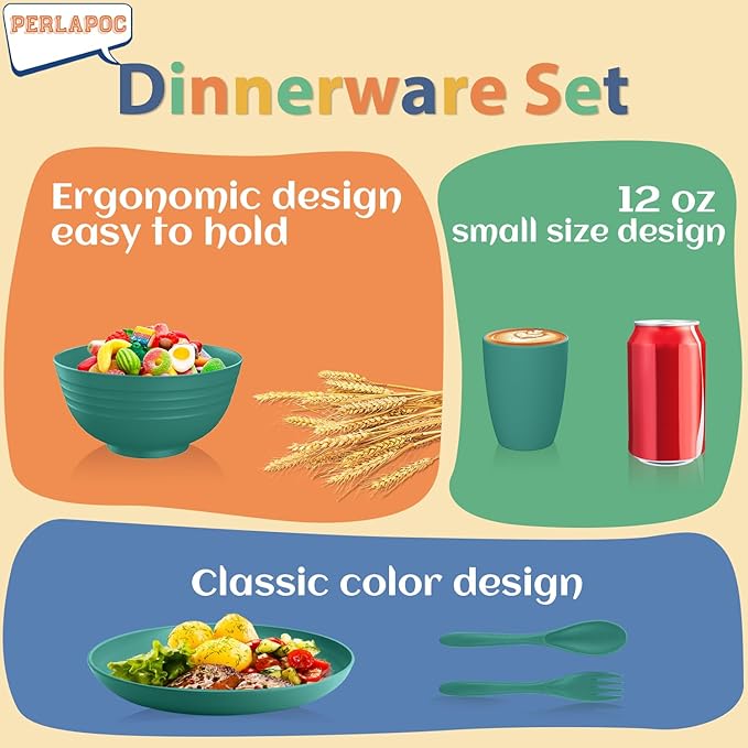 Wheat Straw Dinnerware Sets for 4, 20 PCS Unbreakable Lightweight Kids Plates and Bowls Sets, Dishwasher Microwave Safe Dinnerware Set, Perfect for Kitchen Dorm Camping Outdoor - Green