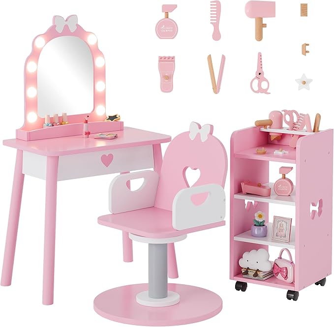 Kids Vanity Set with Light and Barber Chair, Pink Makeup Dressing Vanity Table with Storage Shelf and Hair Salon Play Set 7 pcs Accessories, Pretend Play Vanity Set for Toddler Girls