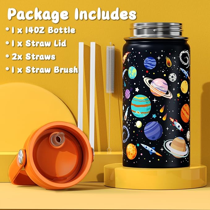 14oz Kids Insulated Water Bottle with Straw Lid - 18/8 Stainless Steel Kid Cup Travel Tumbler Double Wall Vacuum Leak Proof Portable Toddler Water Bottle (Space)