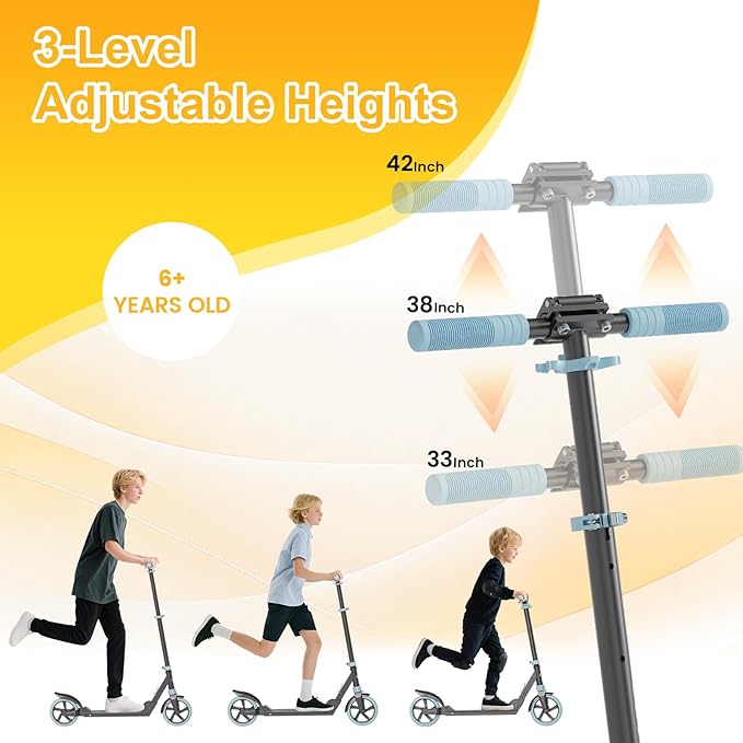 SIMATE Kick Scooter for Kids Teens & Adults, 3 Adjustable Heights, 8IN All Terrain Big Wheels, Dual Suspension, Foldable and Lightweight, Gifts for Girls Boys