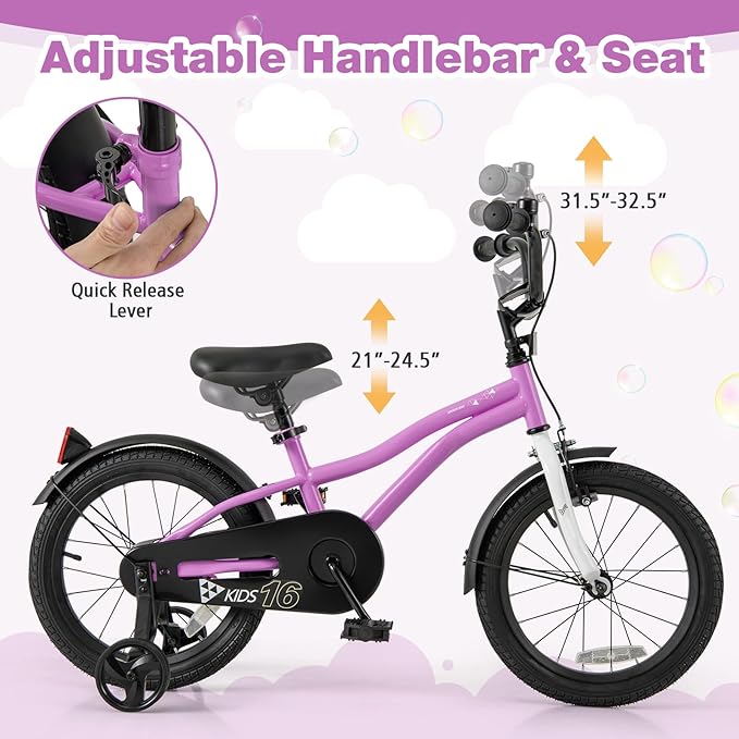 BABY JOY Kids Bike, 12 14 16 18 Inches Sporty Bicycle with Training Wheels, Adjustable Seat, Handbrake & Coaster Brake, Reflectors, Girls Boys Bike for 3-8 Years Old Children