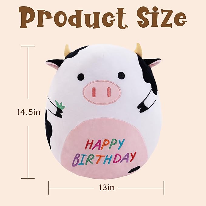 14.5" Birthday Cow Plush Pillow Black Cow Stuffed Animal Cute Soft Body Pillow Happy Birthday Decoration Gifts for Kids Girls and Boys