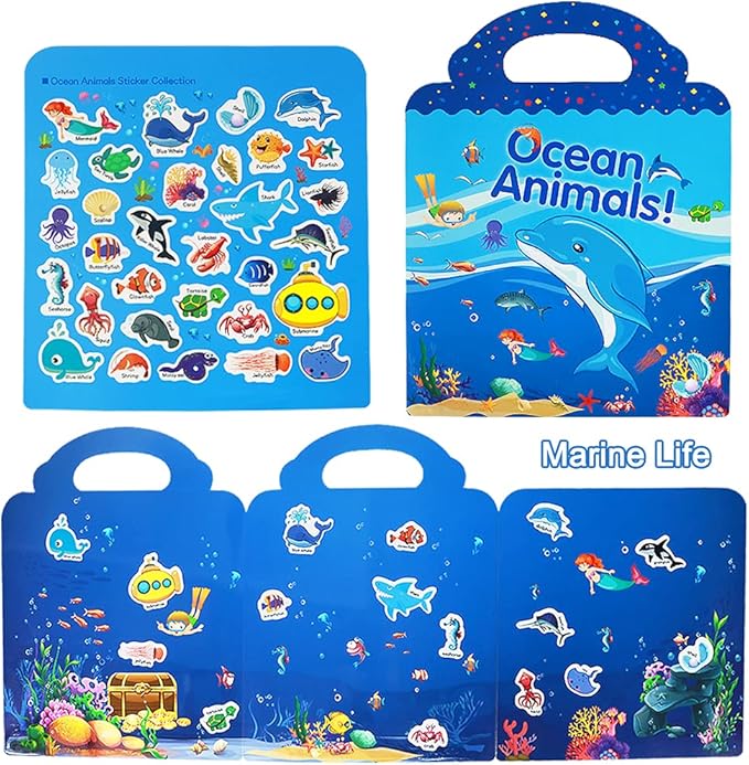 Reusable Sticker Books for Kids, 3 Sets Travel Removable Toddler Sticker Books for 3 4 5 Year Old Girls Boys Birthday Gifts Educational Learning Toys for Age 3-5 - Ocean & Zoo Animals, Dinosaur