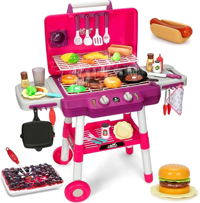 Kids Play Kitchen Toys, Kids BBQ Grill Playset with Smoke Sound Light, 2-Layer Barbecue Toy with Wheels, Outdoor Play Food Toys Cooking Set for Toddler 3-5, Birthday for Boy Girl (Pink)