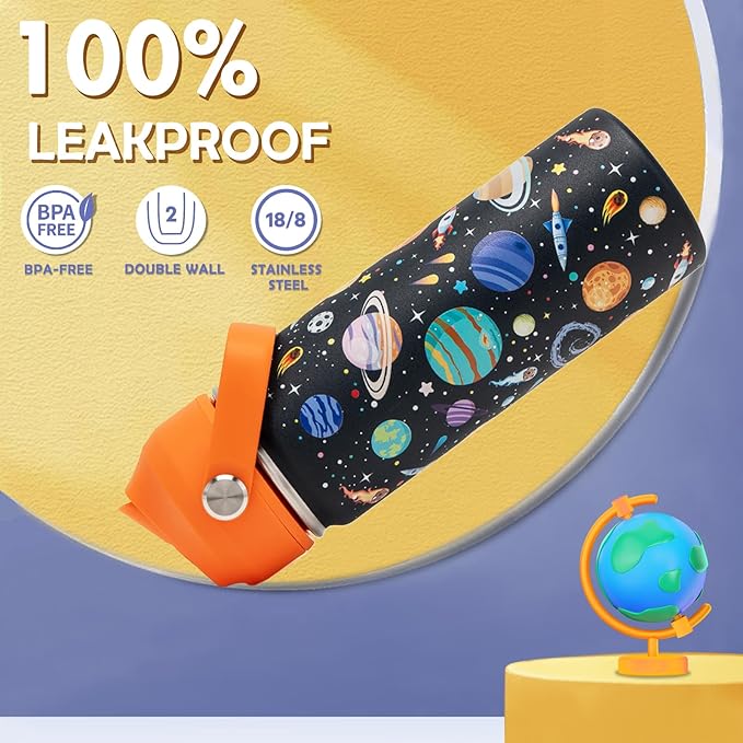 18oz Kids Insulated Water Bottle with Straw Lid - 18/8 Stainless Steel Kid Cup BPA-FREE Travel Tumbler Double Wall Vacuum Leak Proof Portable Toddler Water Bottle (Space)