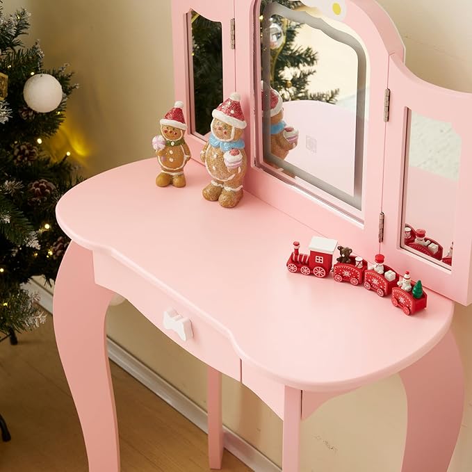 Kids Vanity Table and Chair Set, Girls Vanity Set with Mirror & 3-Color LED Lights, Pretend Play Kids Vanity with Drawer & Cute Bow Print, Makeup Dressing Princess Table for Girls, Pink