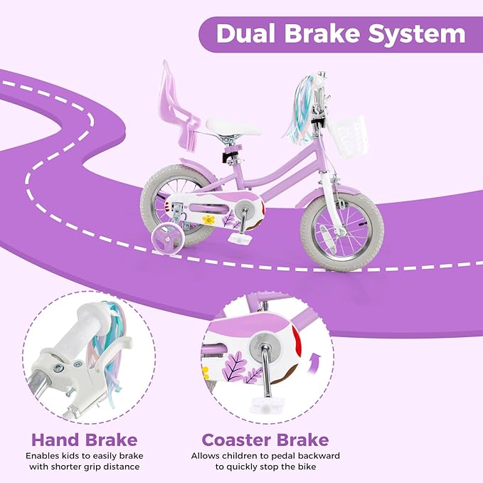 BABY JOY Kids Bike, 12 14 16 18 Inch Children Bicycle w/Detachable Training Wheels, Storage Basket, Adjustable Seat & Handlebar, Bow or Streamer, Girls Bike for 3-8 Years Old