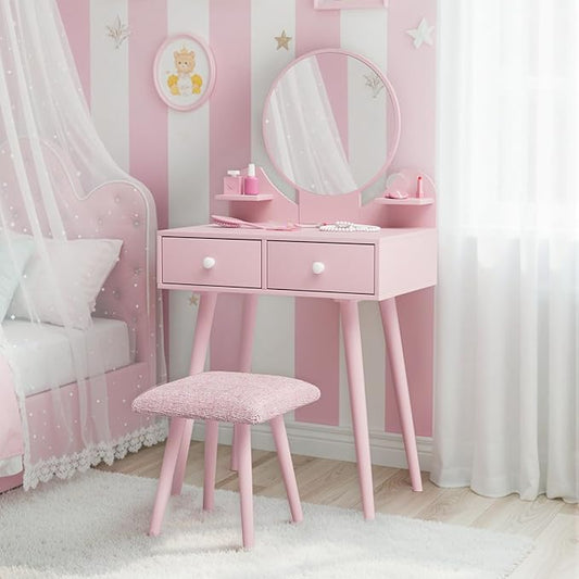 Arlopu Kids Vanity Table and Chair Set, 2 in 1 Toddler Makeup Dressing Desk with Detachable Large Mirror and Stool, Drawers, Princess Wooden Pretend Play Toys for Little Girls (Pink)