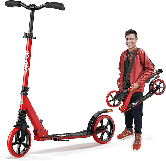 Kick Scooter for Ages 6+, for Kids, Teens, and Adults, Max Load 240 LBS, Foldable, 8-inch Big Wheels for Kids and Adults, with Kickstand, 3 Adjustable Levels, Child Safety Approved, Red