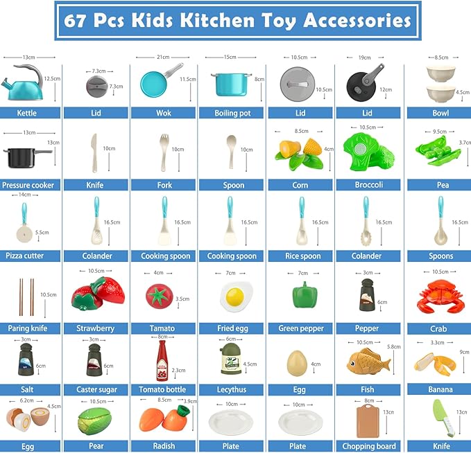 Bruvoalon 67Pcs Kids Play Kitchen Toys Set, Toddlers Pretend Cooking Playset Acccessories with Pots Pans, Utensils Cookware, Foods, Canned Veges, Learning Gift for Kids Girls Boys (Turquoise)