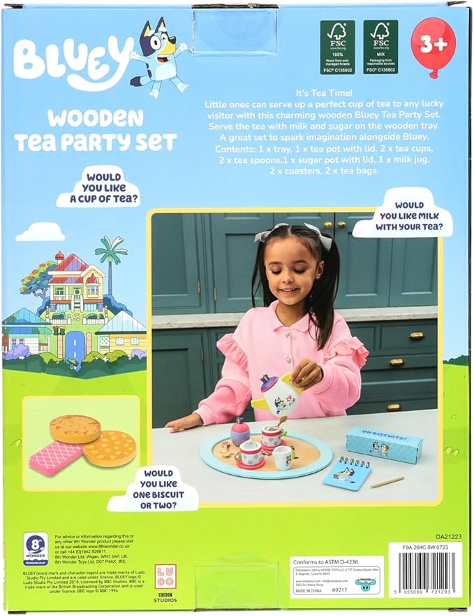 Bluey Wooden Tea Party Set – 18 PC Pretend Play Set with Tray, Teapot, Tea Cups, Biscuits, Sugar Pot, Notepad & Pencil- Durable, Eco-Friendly FSC Certified Wood – Imaginative Role Play Toy for Kids 3+