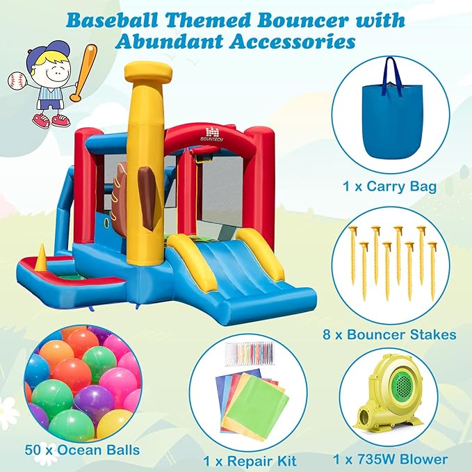 BOUNTECH Inflatable Bounce House, Bouncy House for Kids Large Outdoor with Jumping Area, Baseball Themed Toddler Indoor Castle Bounce House with Blower for Birthday Party Gifts Present
