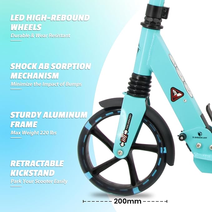 Scooter for Kids Ages 8+ Teens & Adults, Lightweight Kick Scooter with Carry Strap Adjustable Height Equipped with Front handbrake and Rear Brake, Big Sturdy PU Flash Wheels