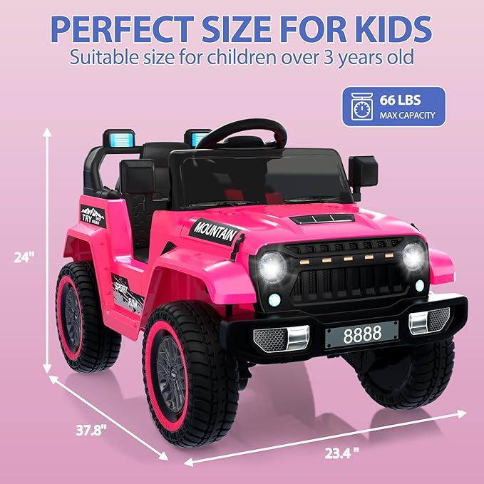 12V Kids Ride On Truck Car, Battery Powered Electric Vehicle Toy w/Parent Remote Control, Spring Suspension, 3 Speeds, LED Light, Music & Horn, Electric Cars for Kid, Gift for Boy Girl, Pink
