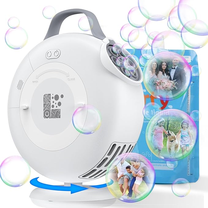 Bubble Machine, Automatic Bubble Blower for Kids Toddlers, 8000+ Bubbles Per Minute, 90° 200° Oscillating Electric Plug-in or Batteries Bubble Maker Toys for Outdoor Birthday Party - White
