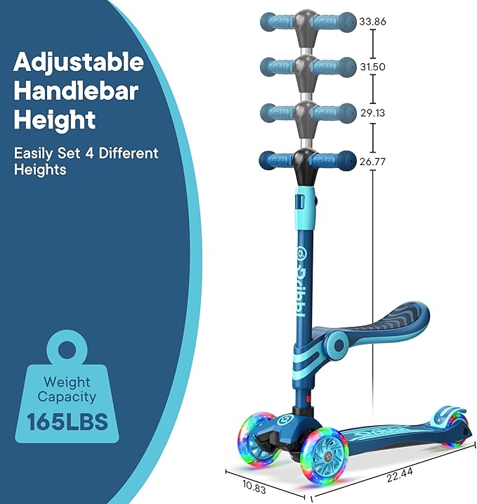 Blue 3 Wheel Scooter with Seat for Kids – Light-Up LED Wheels, Adjustable Handlebar and Seat, Smooth PU Wheels, Wide Anti-Slip Deck, Rear Foot Brake – Toddler Outdoor Toys for Ages 2+