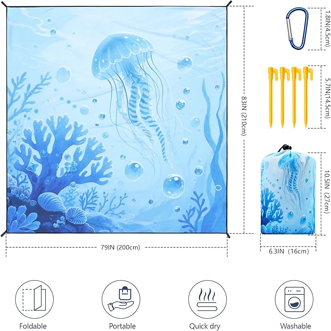 Beach Blanket Waterproof Sandproof Beach Mat 79" X 83"/10'x9'for 2-8 Adults Quick Drying Outdoor Picnic Mat Beach Accessories for Travel, Camping, Hiking